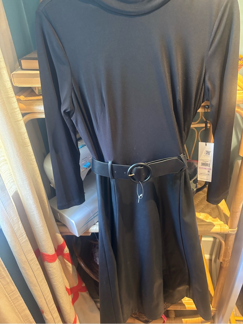 Calvin Klein Long Sleeve Dress with Leather Flare Skirt & Belt